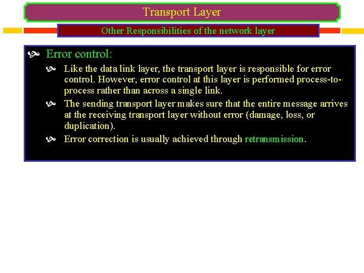 Transport Layer Other Responsibilities of the network layer Error control: Like the data link