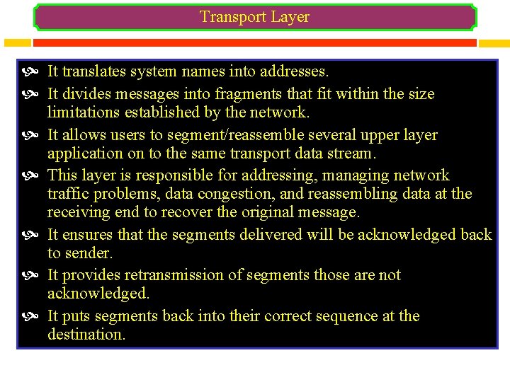 Transport Layer It translates system names into addresses. It divides messages into fragments that