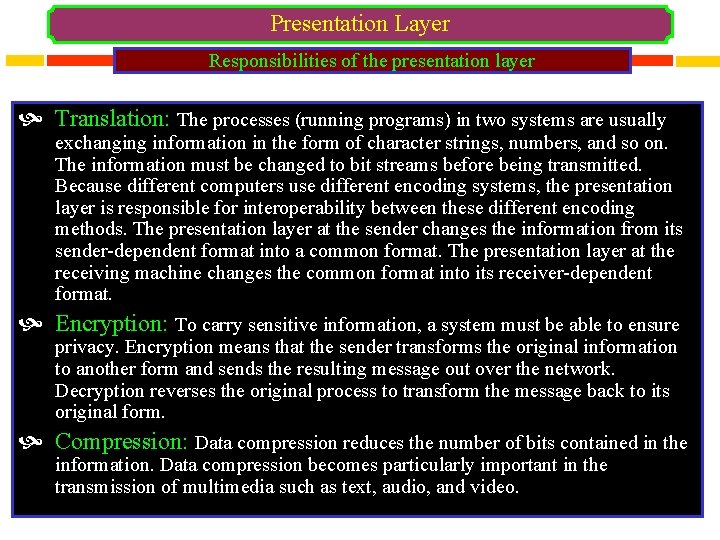 Presentation Layer Responsibilities of the presentation layer Translation: The processes (running programs) in two