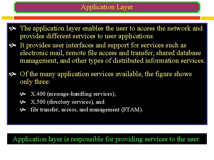 Application Layer The application layer enables the user to access the network and provides