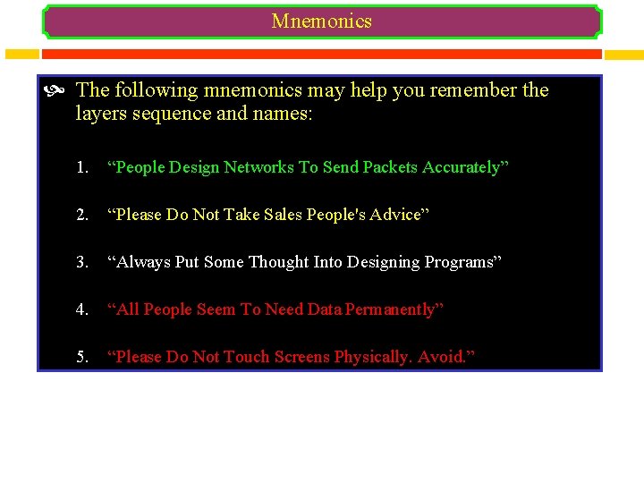 Mnemonics The following mnemonics may help you remember the layers sequence and names: 1.