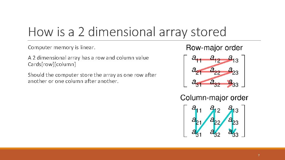 How is a 2 dimensional array stored Computer memory is linear. A 2 dimensional