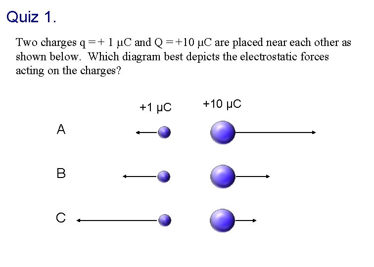 Quiz 1. Two charges q = + 1 µC and Q = +10 µC
