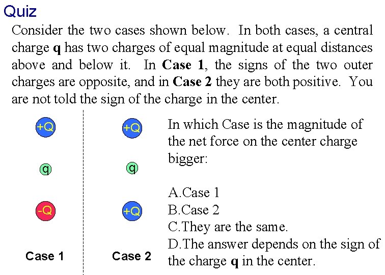 Quiz Consider the two cases shown below. In both cases, a central charge q