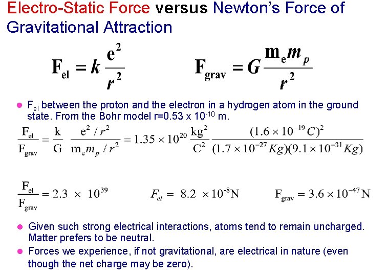 Electro-Static Force versus Newton’s Force of Gravitational Attraction l Fel between the proton and