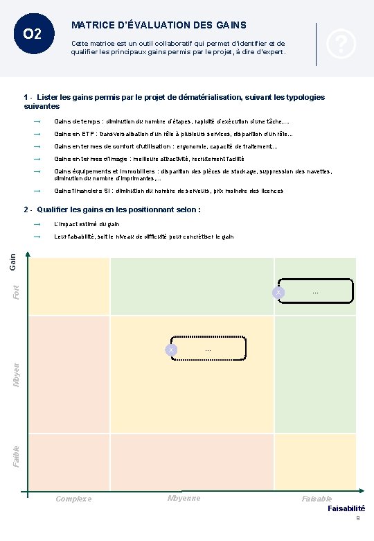 O 2 MATRICE D’ÉVALUATION DES GAINS Cette matrice est un outil collaboratif qui permet