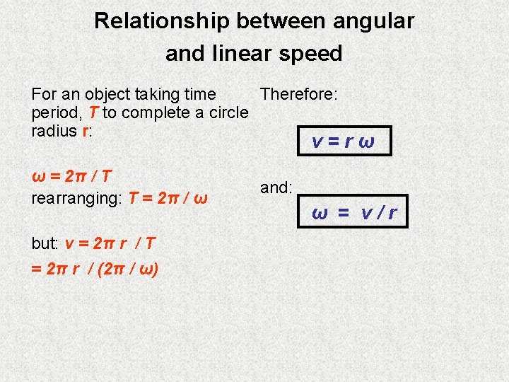 Relationship between angular and linear speed For an object taking time Therefore: period, T