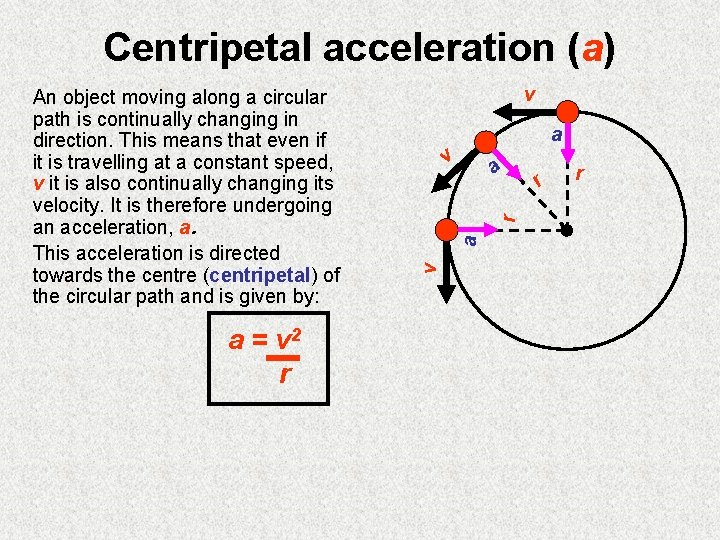 Centripetal acceleration (a) a = v 2 r v a v r a a