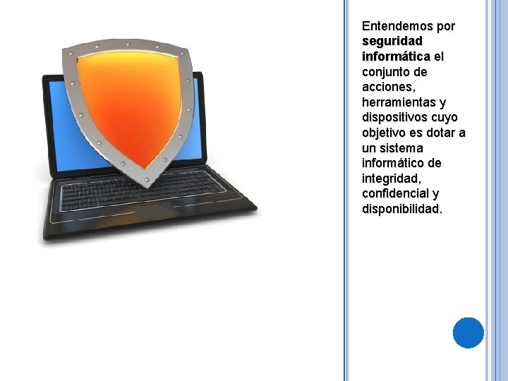 Entendemos por seguridad informática el conjunto de acciones, herramientas y dispositivos cuyo objetivo es