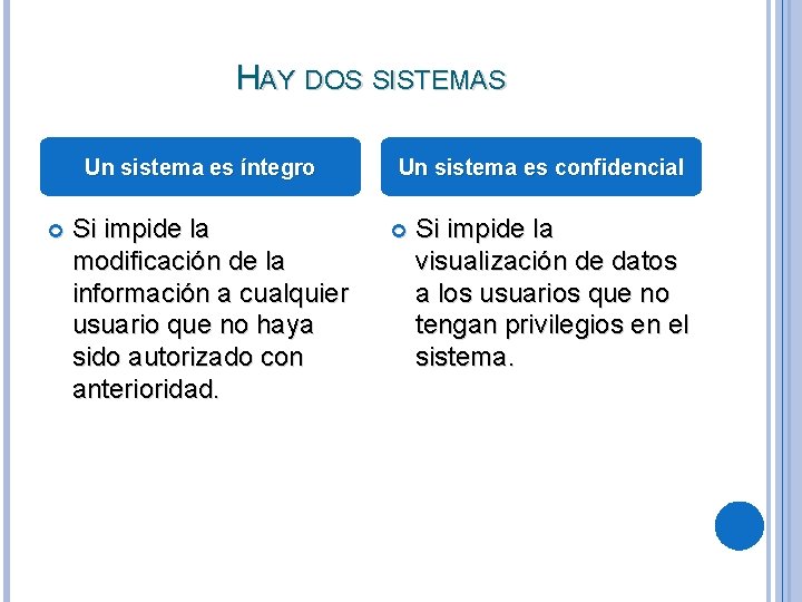 HAY DOS SISTEMAS Un sistema es íntegro Si impide la modificación de la información