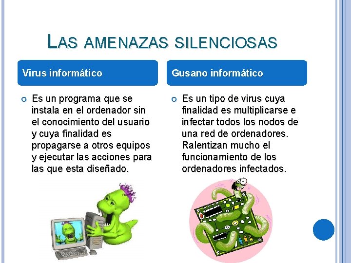 LAS AMENAZAS SILENCIOSAS Virus informático Es un programa que se instala en el ordenador