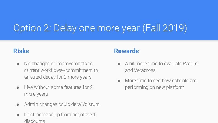 Option 2: Delay one more year (Fall 2019) Risks ● No changes or improvements