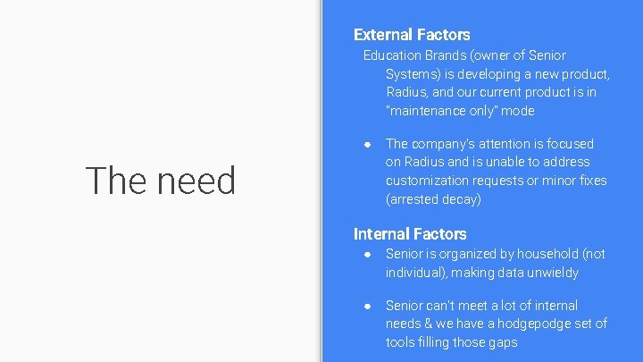 External Factors Education Brands (owner of Senior Systems) is developing a new product, Radius,