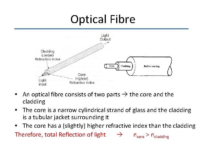 Optical Fibre • An optical fibre consists of two parts the core and the