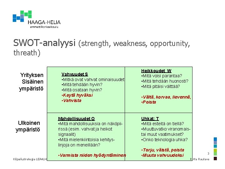 SWOT-analyysi (strength, weakness, opportunity, threath) Yrityksen Sisäinen ympäristö Ulkoinen ympäristö Kilpailustrategia LEA 4 LH