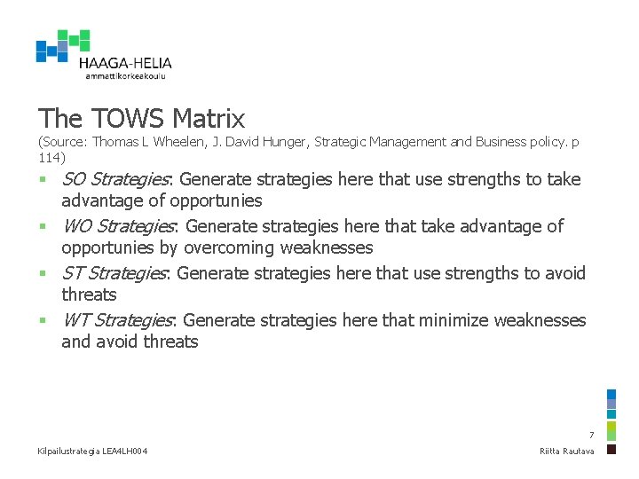 The TOWS Matrix (Source: Thomas L Wheelen, J. David Hunger, Strategic Management and Business