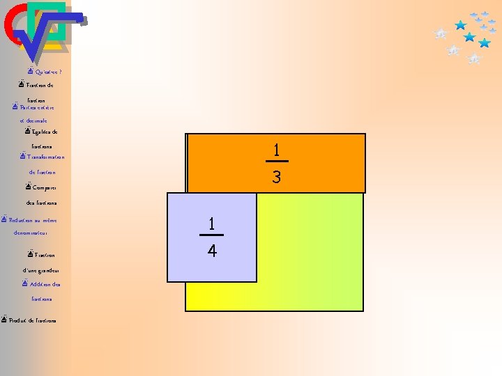 æQu’est-ce ? æFraction de fraction æParties entière et décimale æEgalités de 1 fractions æTransformation