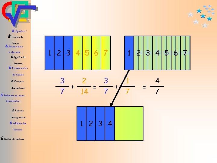 æQu’est-ce ? æFraction de fraction æParties entière et décimale æEgalités de 1 2 3