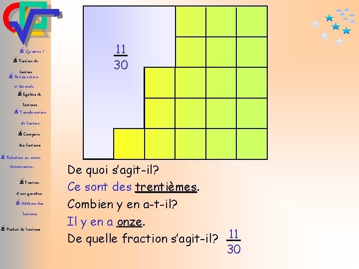 1 æQu’est-ce ? æFraction de fraction æParties entière et décimale æEgalités de fractions æTransformation