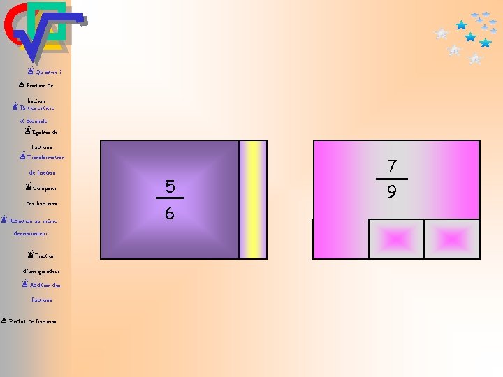 æQu’est-ce ? æFraction de fraction æParties entière et décimale æEgalités de fractions æTransformation 1