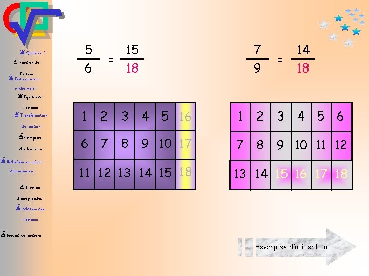 æQu’est-ce ? æFraction de fraction æParties entière et décimale æEgalités de fractions æTransformation de