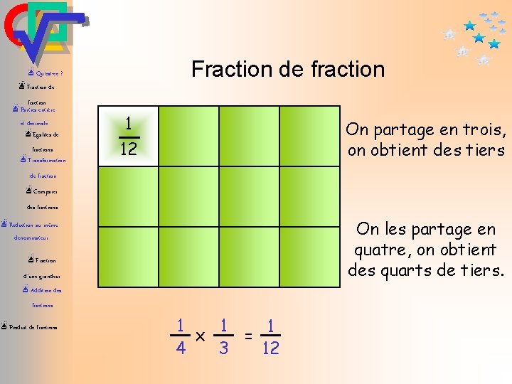 Fraction de fraction æQu’est-ce ? æFraction de fraction æParties entière et décimale æEgalités de