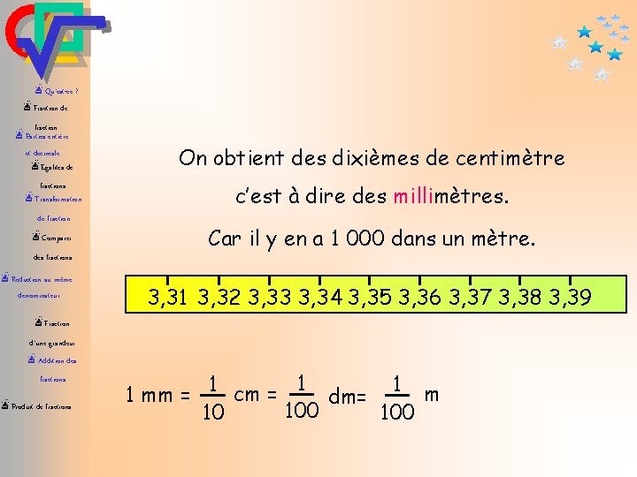 æQu’est-ce ? æFraction de fraction æParties entière et décimale æEgalités de fractions æTransformation de