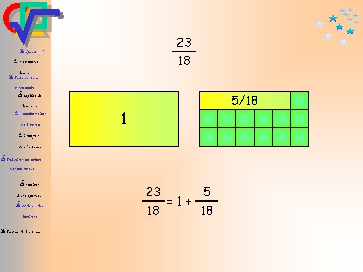 23 18 æQu’est-ce ? æFraction de fraction æParties entière et décimale æEgalités de fractions