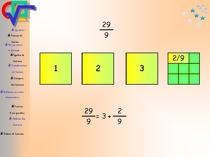 29 9 æQu’est-ce ? æFraction de fraction æParties entière et décimale æEgalités de fractions