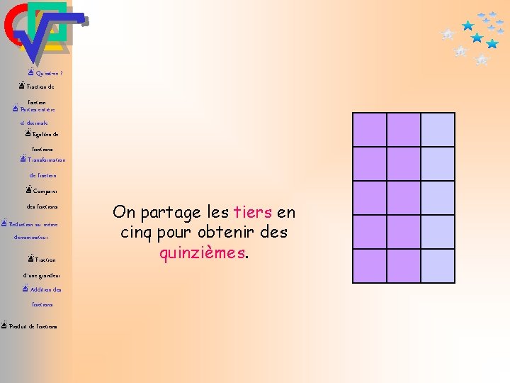 æQu’est-ce ? æFraction de fraction æParties entière et décimale æEgalités de fractions æTransformation 2