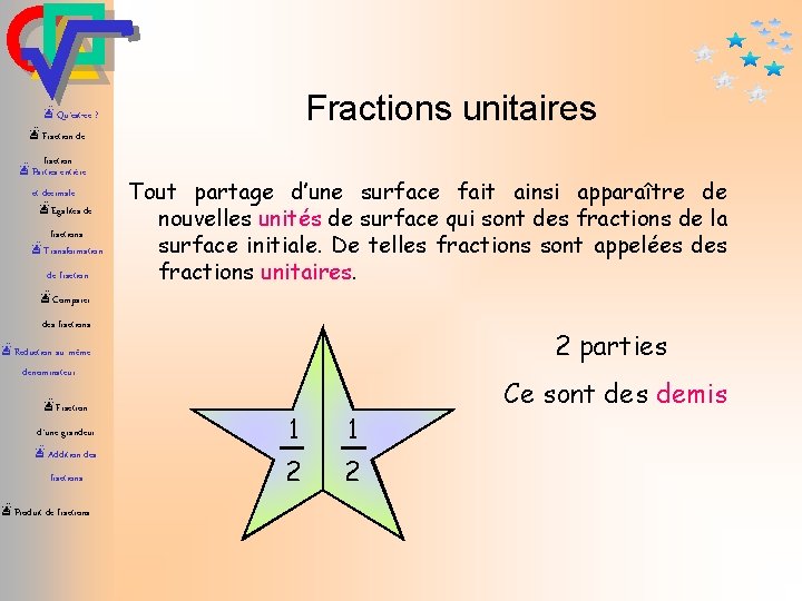 Fractions unitaires æQu’est-ce ? æFraction de fraction æParties entière et décimale æEgalités de fractions