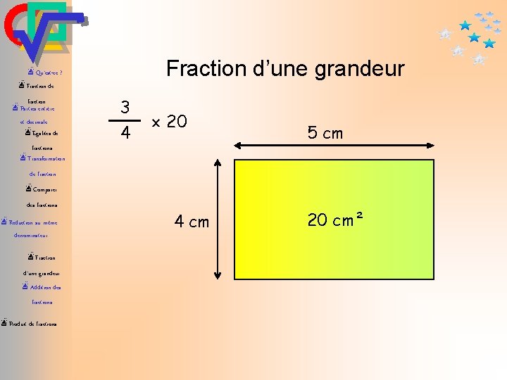 Fraction d’une grandeur æQu’est-ce ? æFraction de fraction æParties entière et décimale æEgalités de