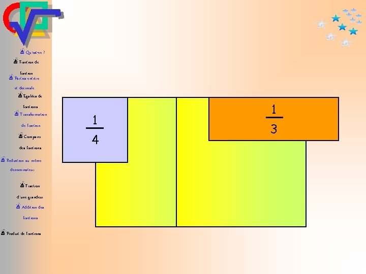 æQu’est-ce ? æFraction de fraction æParties entière et décimale æEgalités de fractions æTransformation de