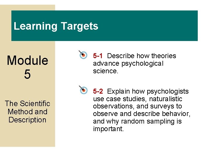 Learning Targets Module 5 The Scientific Method and Description 5 -1 Describe how theories