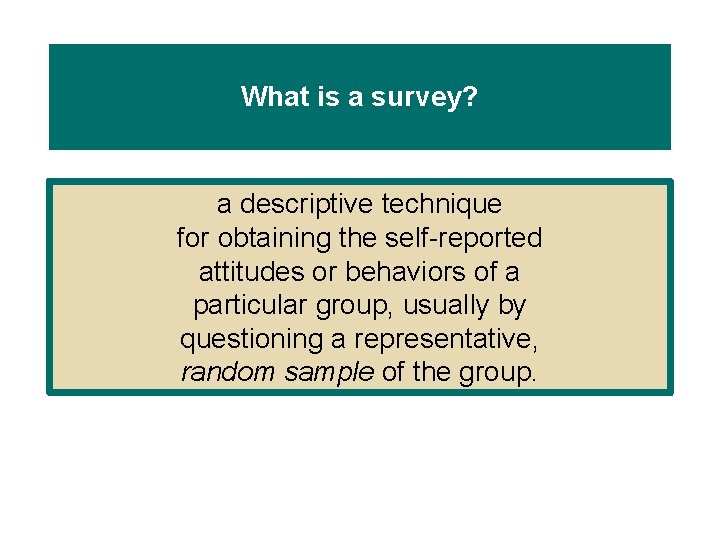 What is a survey? a descriptive technique for obtaining the self-reported attitudes or behaviors