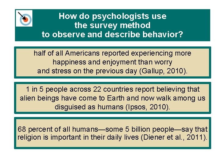 How do psychologists use the survey method to observe and describe behavior? half of