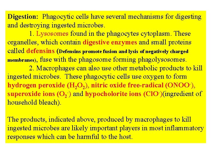 Digestion: Phagocytic cells have several mechanisms for digesting and destroying ingested microbes. 1. Lysosomes