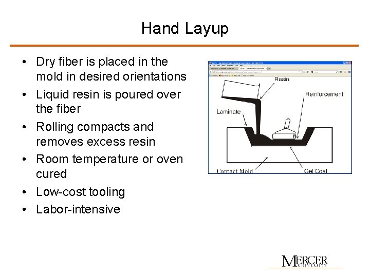 Hand Layup • Dry fiber is placed in the mold in desired orientations •