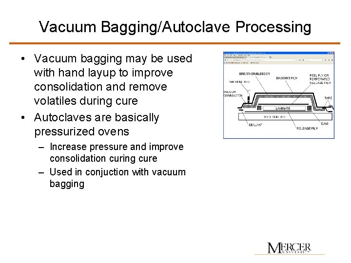Vacuum Bagging/Autoclave Processing • Vacuum bagging may be used with hand layup to improve