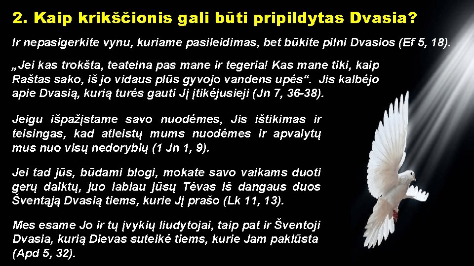 2. Kaip krikščionis gali būti pripildytas Dvasia? Ir nepasigerkite vynu, kuriame pasileidimas, bet būkite