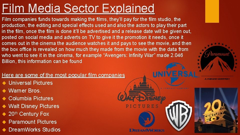 Film Media Sector Explained Film companies funds towards making the films, they’ll pay for