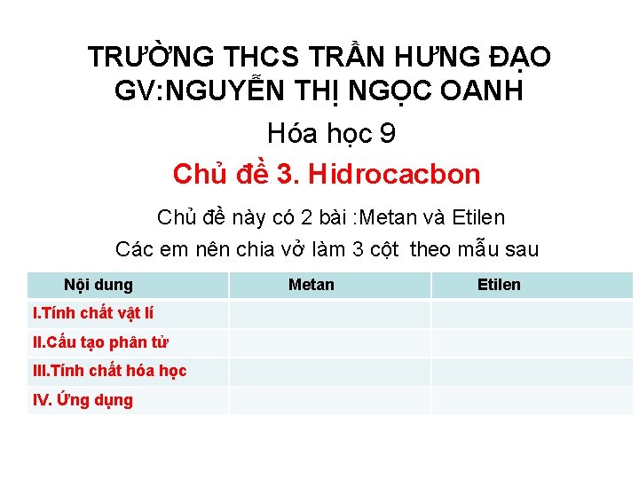 TRƯỜNG THCS TRẦN HƯNG ĐẠO GV: NGUYỄN THỊ NGỌC OANH Hóa học 9 Chủ