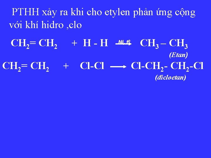 PTHH xảy ra khi cho etylen phản ứng cộng với khí hidro , clo