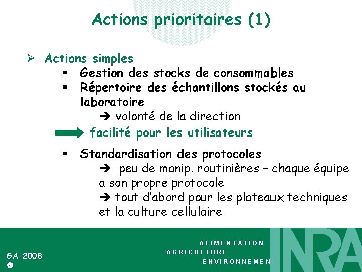 Actions prioritaires (1) Ø Actions simples § Gestion des stocks de consommables § Répertoire