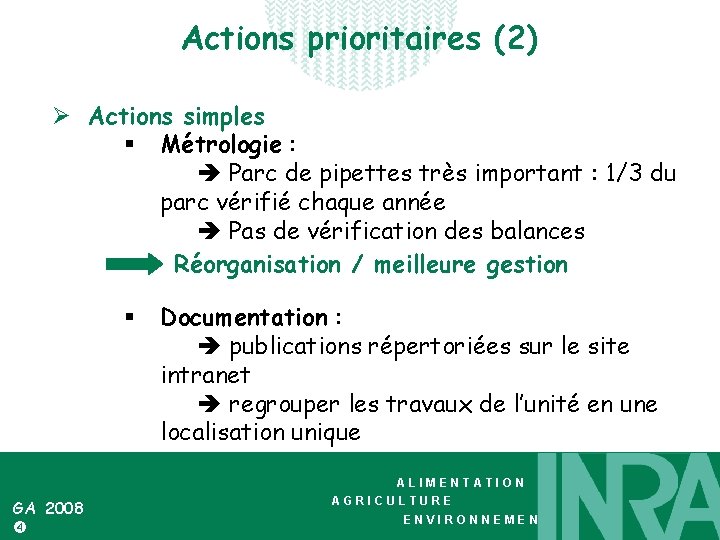 Actions prioritaires (2) Ø Actions simples § Métrologie : Parc de pipettes très important