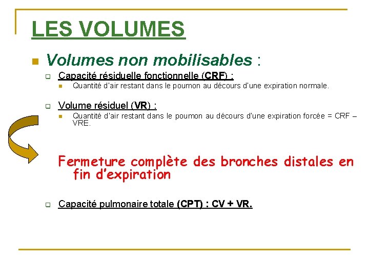 LES VOLUMES n Volumes non mobilisables : q Capacité résiduelle fonctionnelle (CRF) : n
