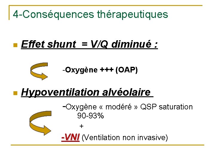 4 -Conséquences thérapeutiques n Effet shunt = V/Q diminué : -Oxygène +++ (OAP) n