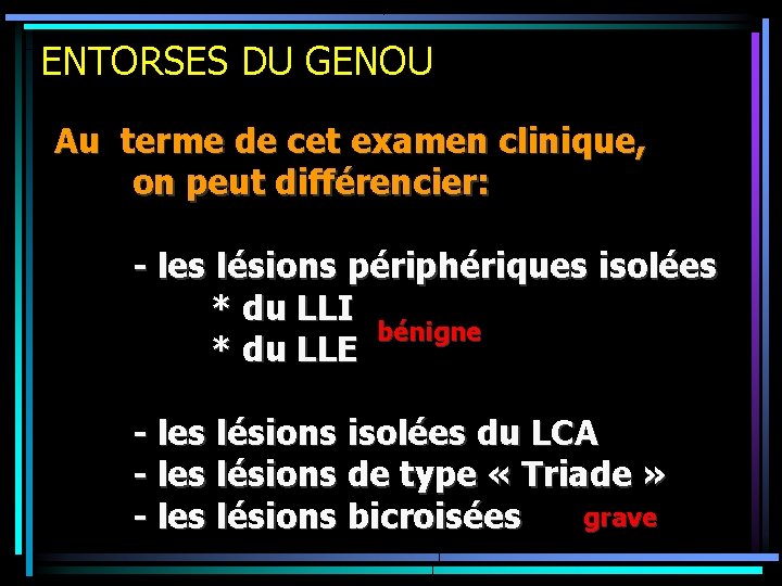 ENTORSES DU GENOU Au terme de cet examen clinique, on peut différencier: - les