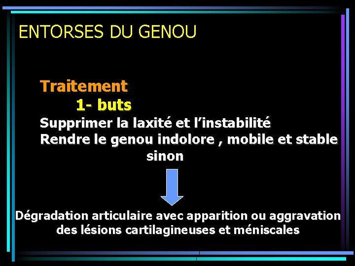 ENTORSES DU GENOU Traitement 1 - buts Supprimer la laxité et l’instabilité Rendre le