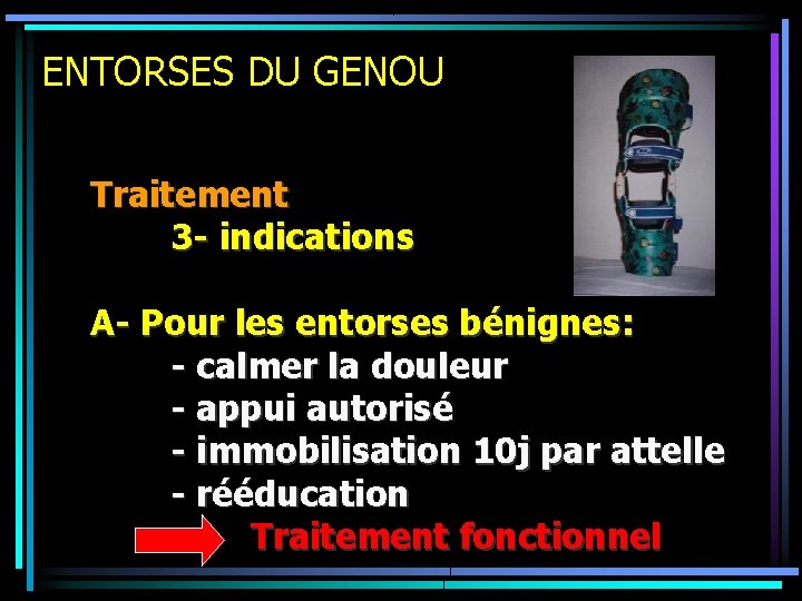 ENTORSES DU GENOU Traitement 3 - indications A- Pour les entorses bénignes: - calmer